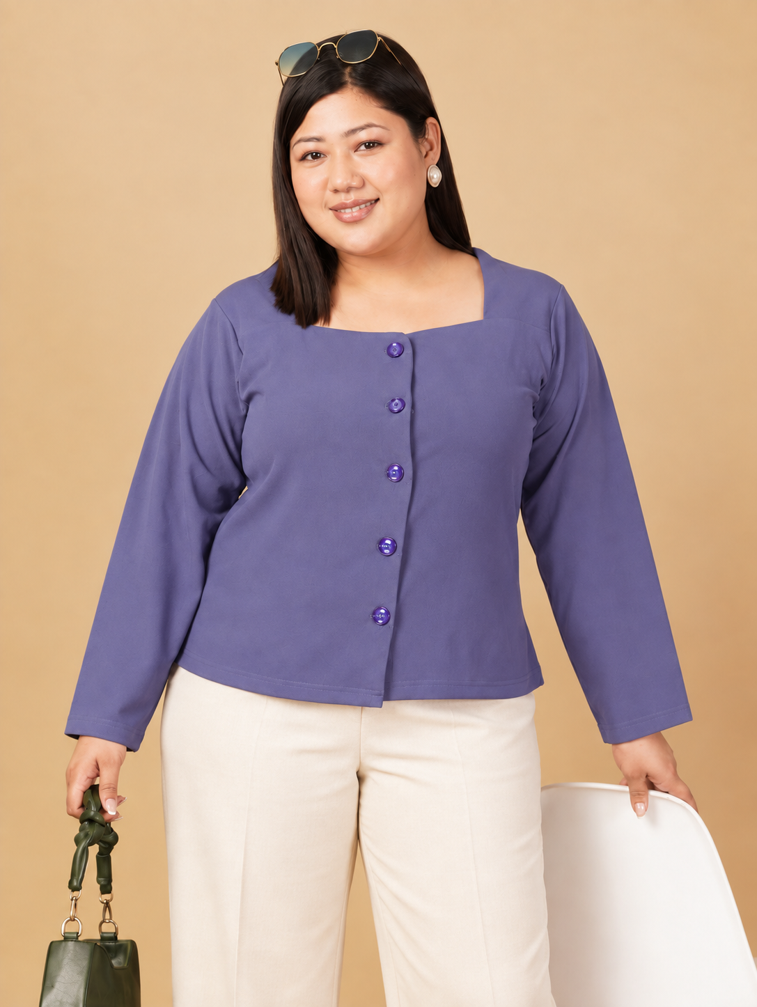 U&F Beyond Women Plus size Solid Purple Square Neck Button-Front Top