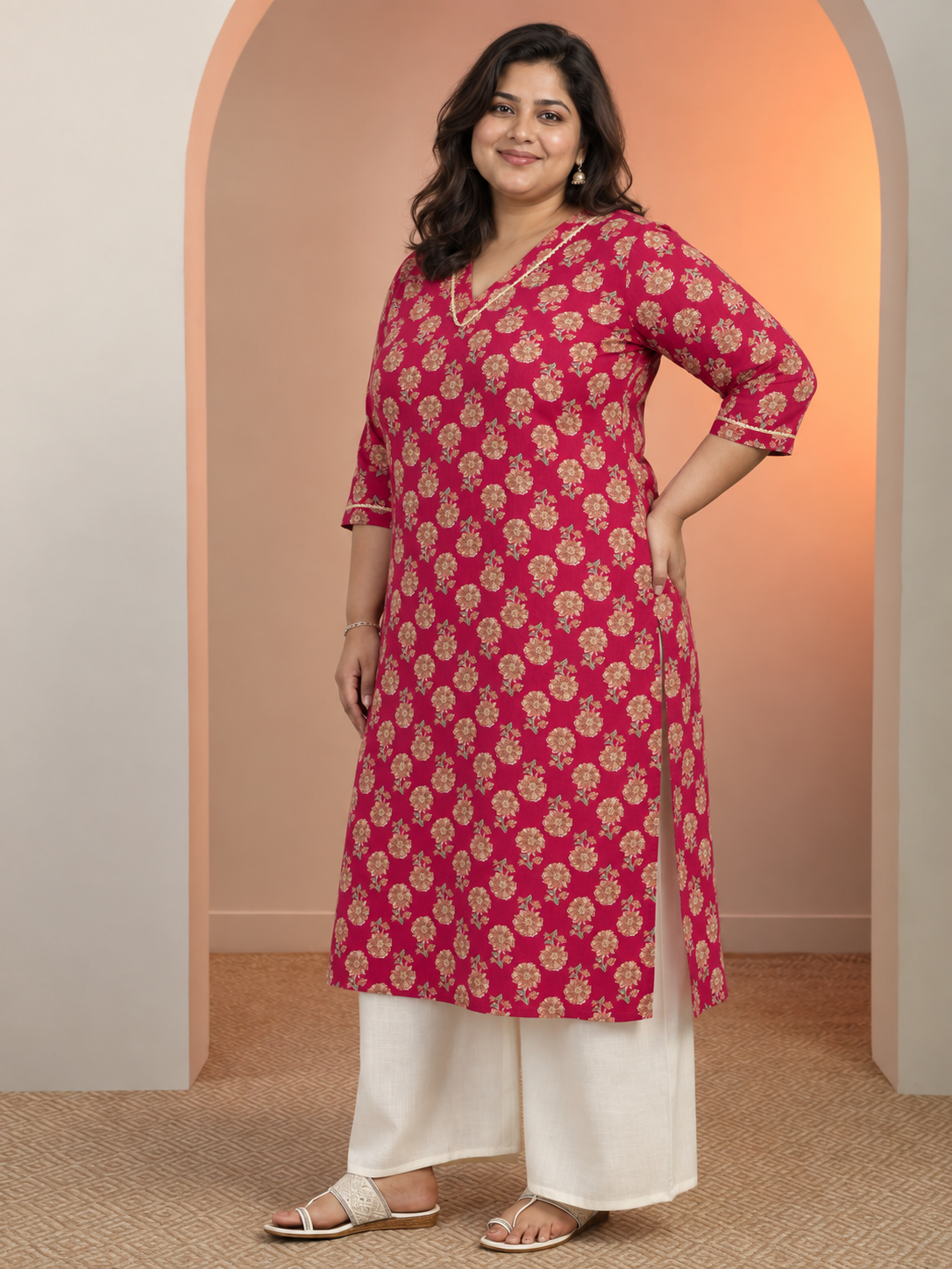 U&F Beyond Plus Size Pink Floral Print Cotton Straight Kurta