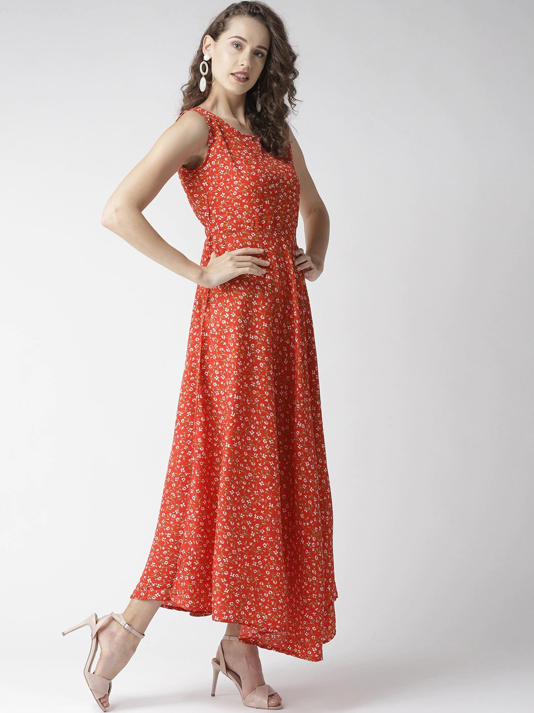 Women Red & White Floral Print Maxi Dress