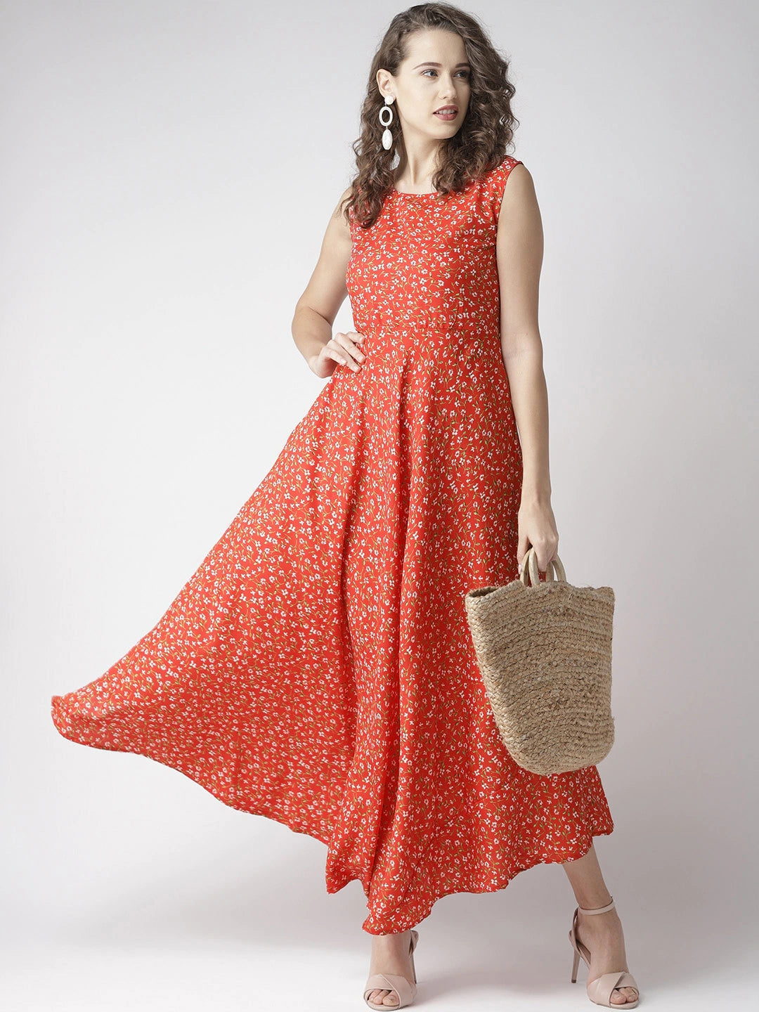 Women Red & White Floral Print Maxi Dress