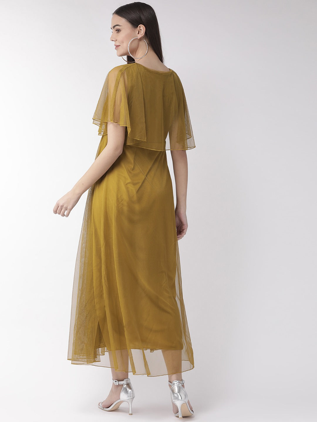 Women Olive Brown Net Solid Maxi Dress