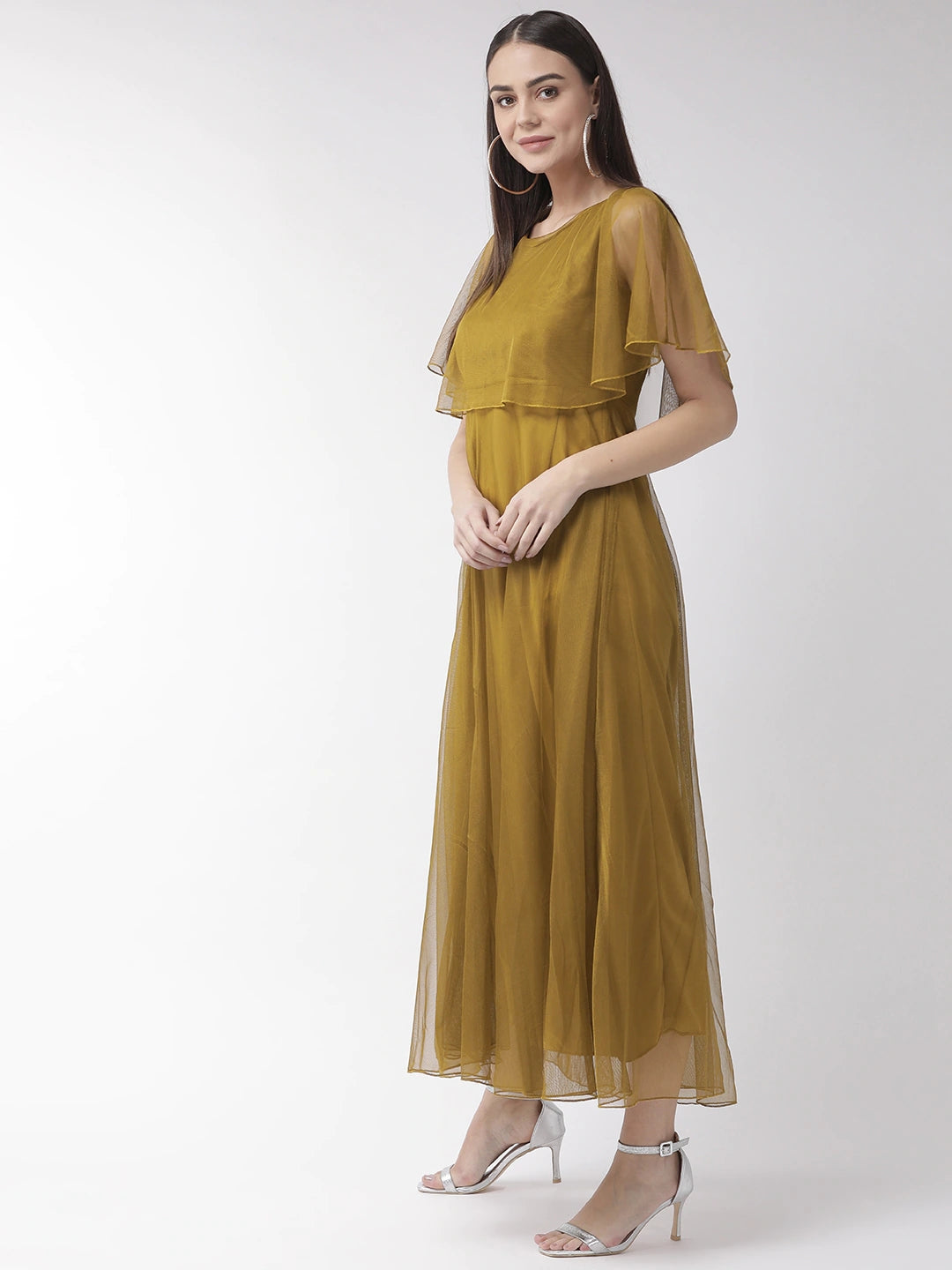 Women Olive Brown Net Solid Maxi Dress