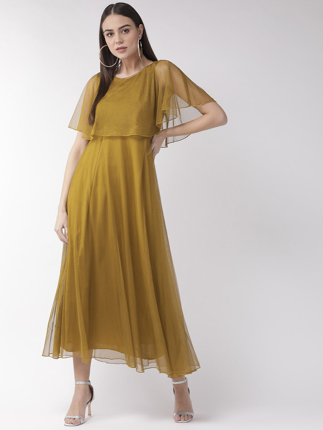 Women Olive Brown Net Solid Maxi Dress