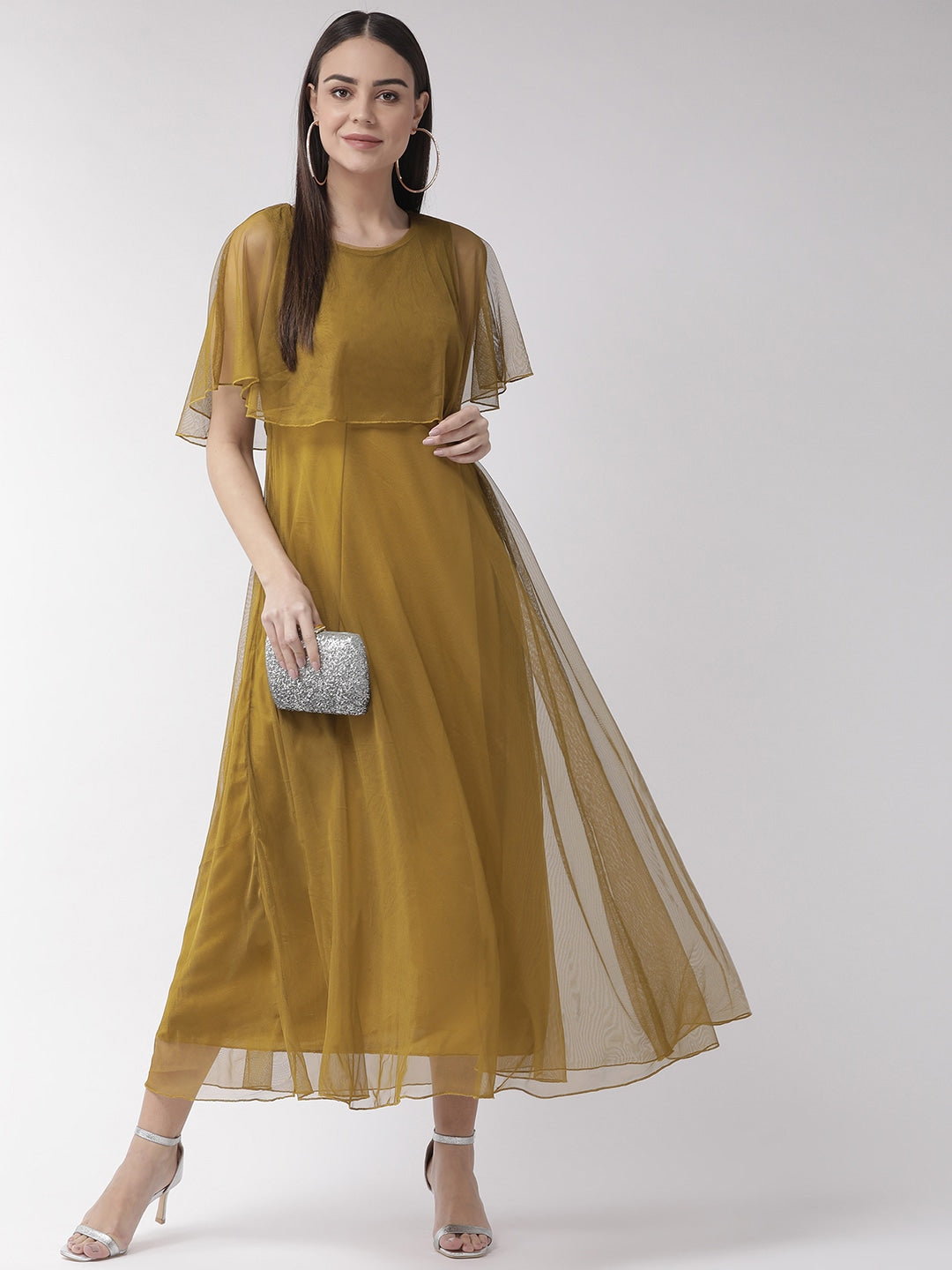 Women Olive Brown Net Solid Maxi Dress