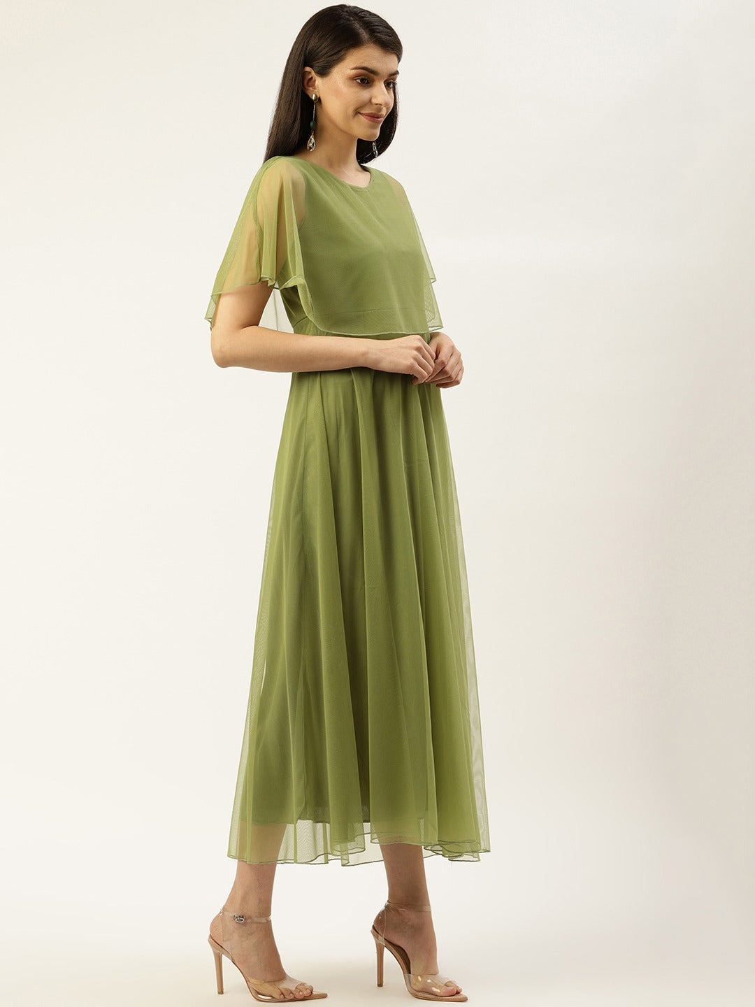 Women Green Layered Solid Net Maxi Dress