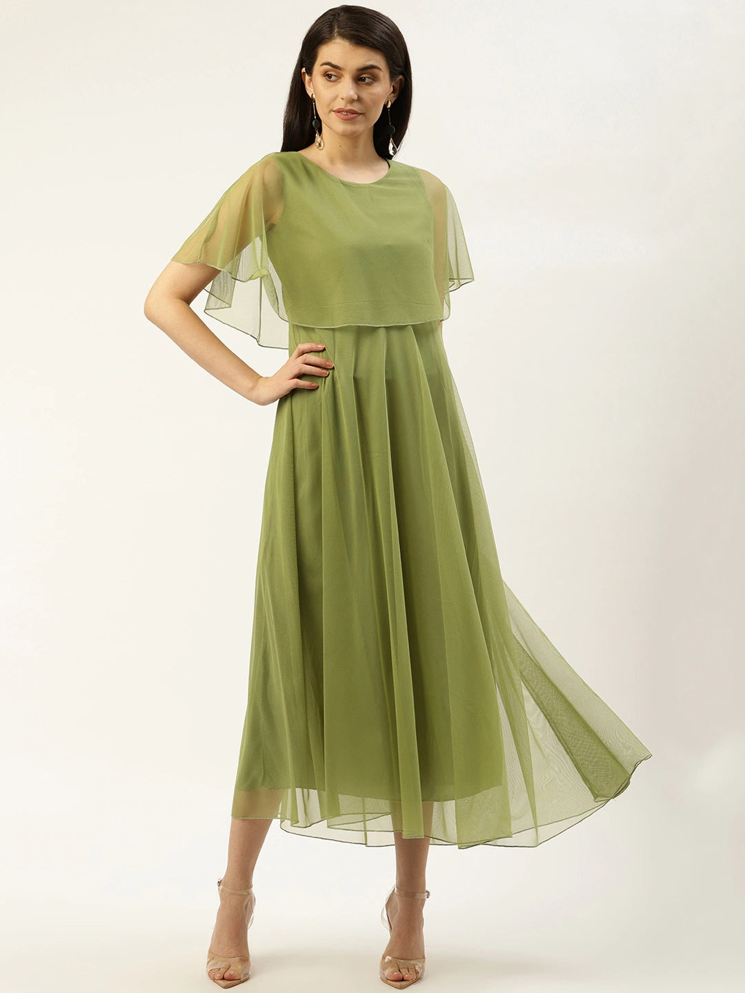 Women Green Layered Solid Net Maxi Dress