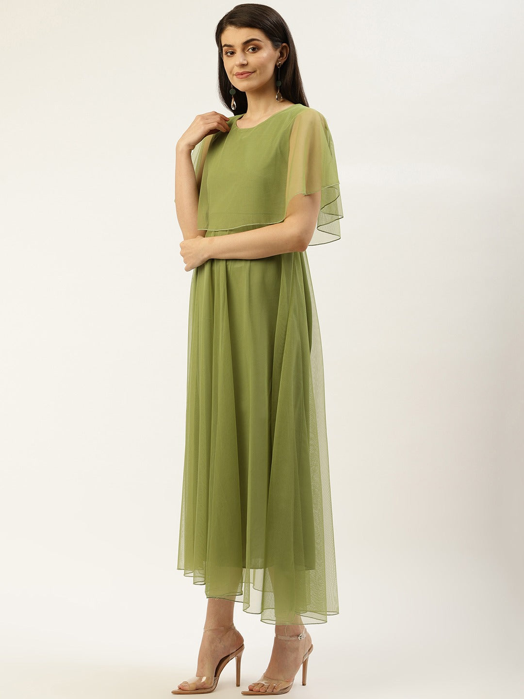 Women Green Layered Solid Net Maxi Dress