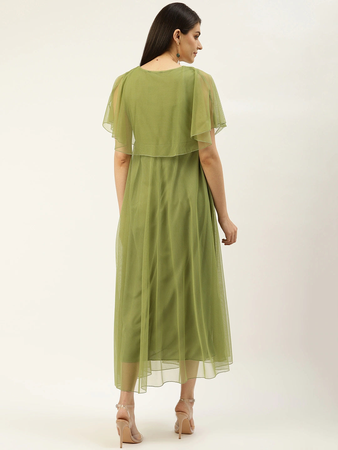 Women Green Layered Solid Net Maxi Dress
