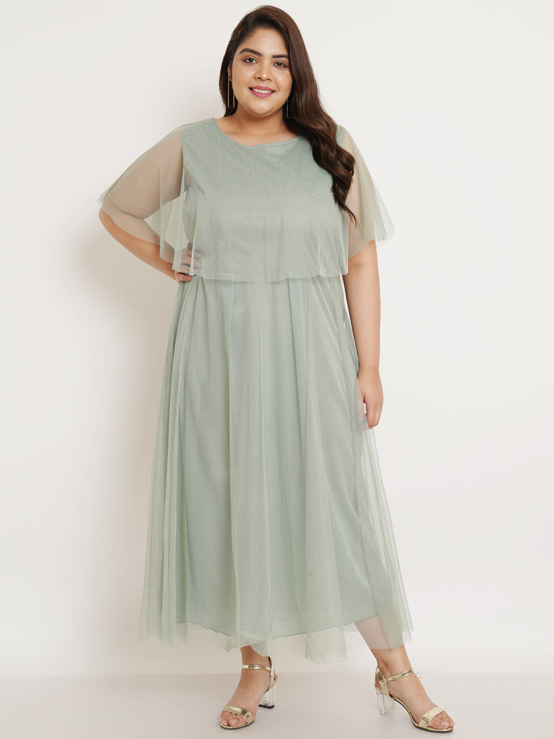Women Plus Size Green Net Maxi Dress