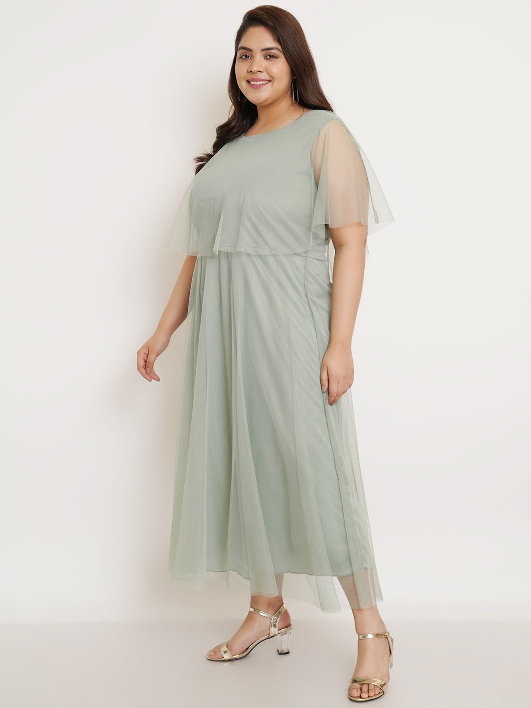 Women Plus Size Green Net Maxi Dress