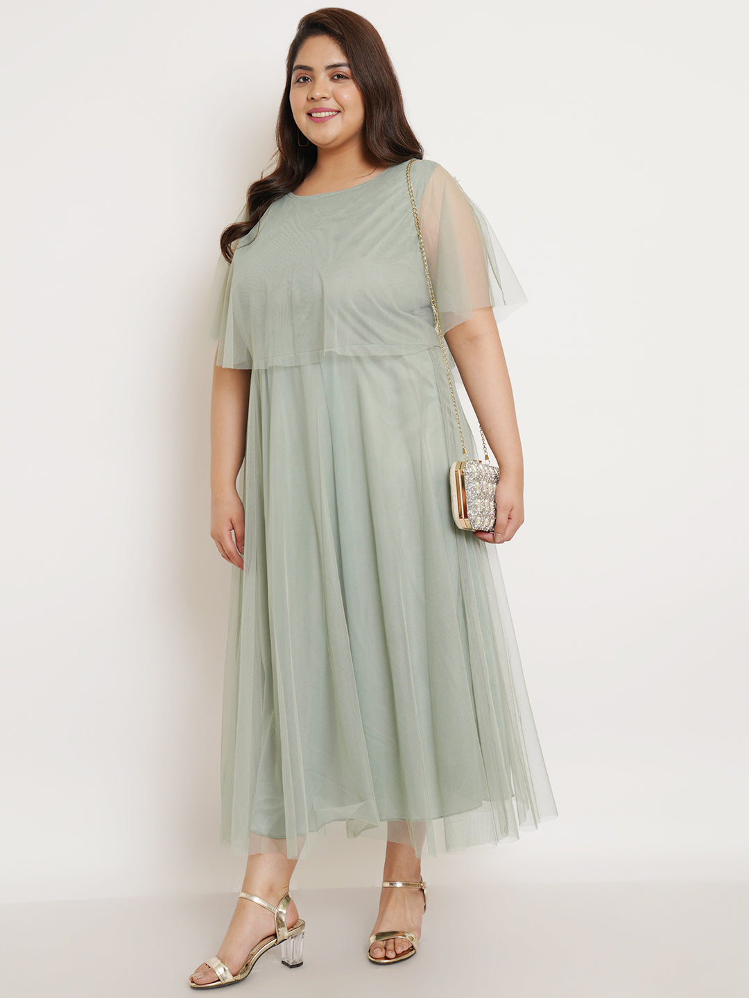 Women Plus Size Green Net Maxi Dress
