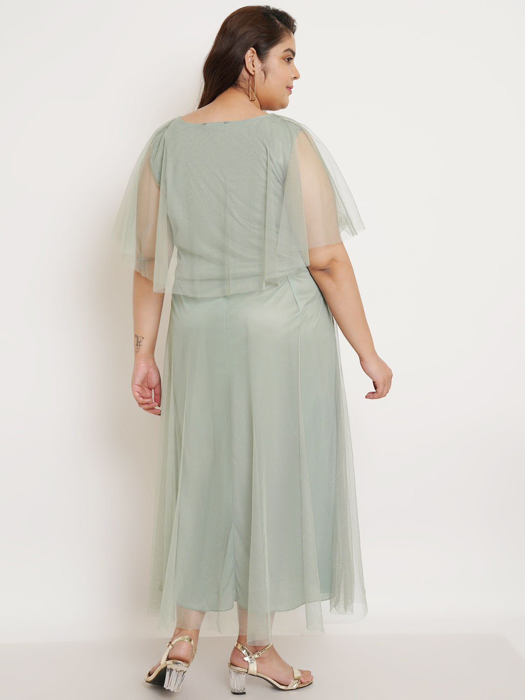 Women Plus Size Green Net Maxi Dress