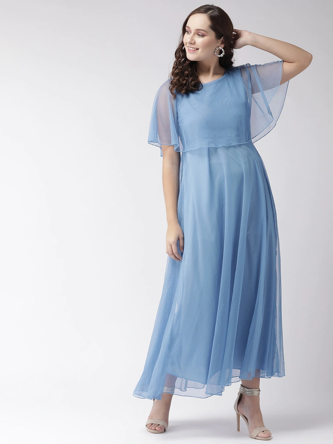 Women Blue Solid Layered Maxi Dress