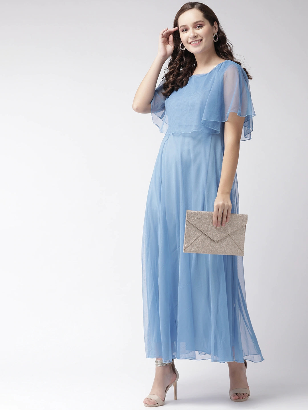 Women Blue Solid Layered Maxi Dress