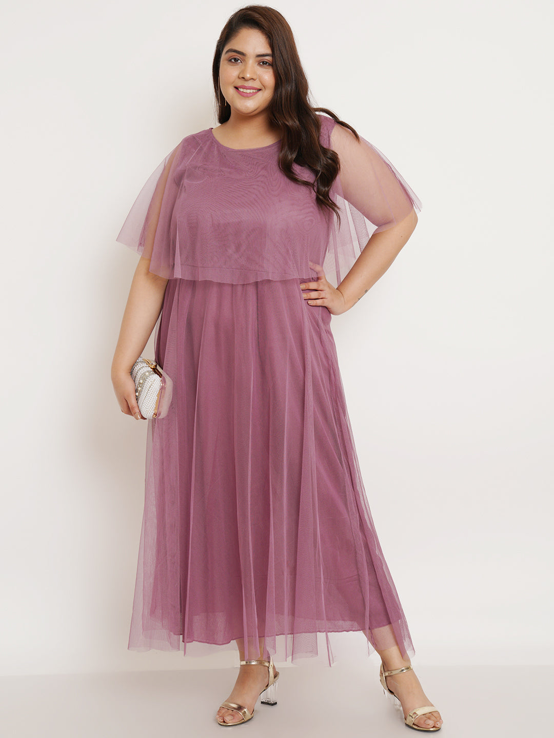 Women Plus Size Purple Net Maxi Dress