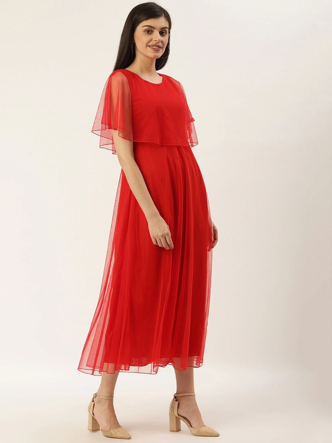 Women Red Solid Layered Maxi Dress