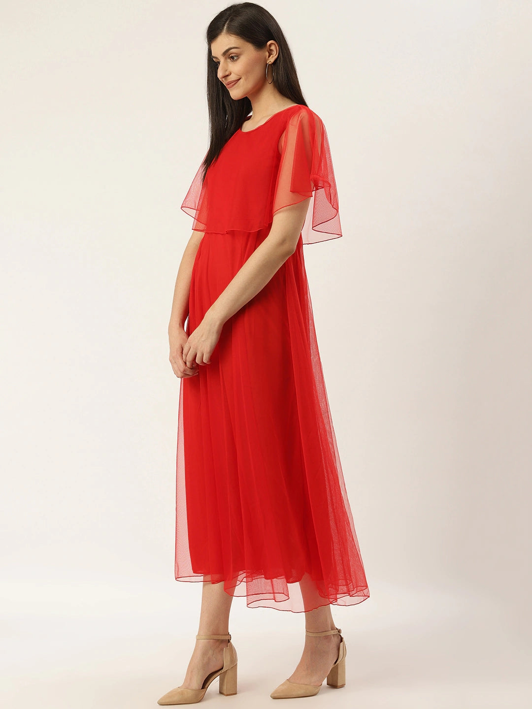 Women Red Solid Layered Maxi Dress