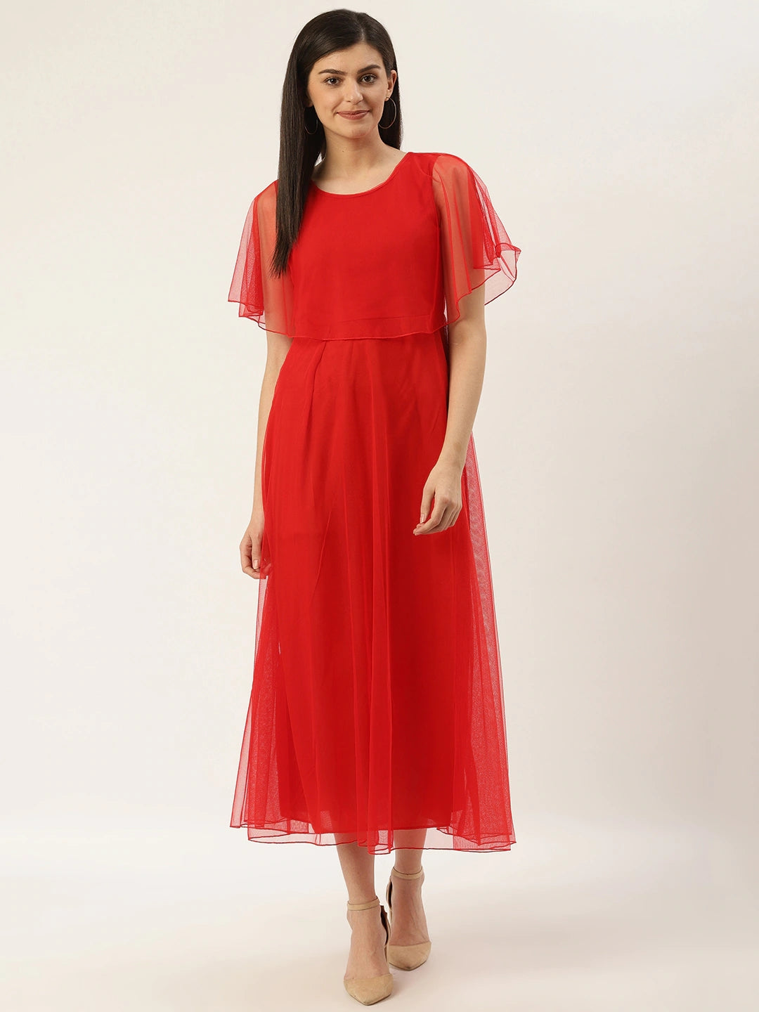 Women Red Solid Layered Maxi Dress