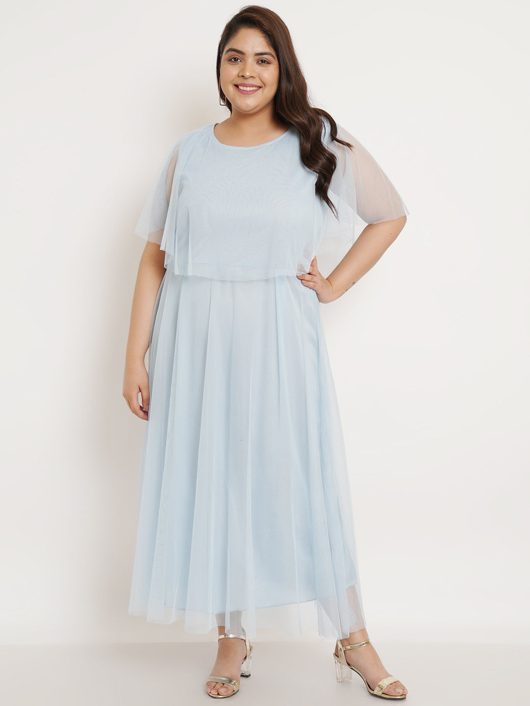 Women Plus Size Turquoise Blue Net Maxi Dress