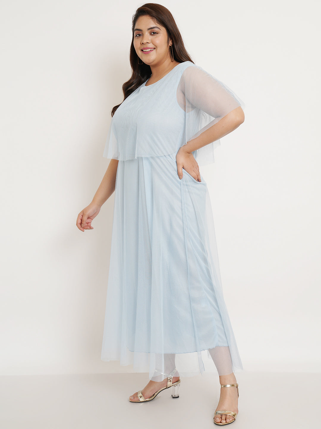 Women Plus Size Turquoise Blue Net Maxi Dress