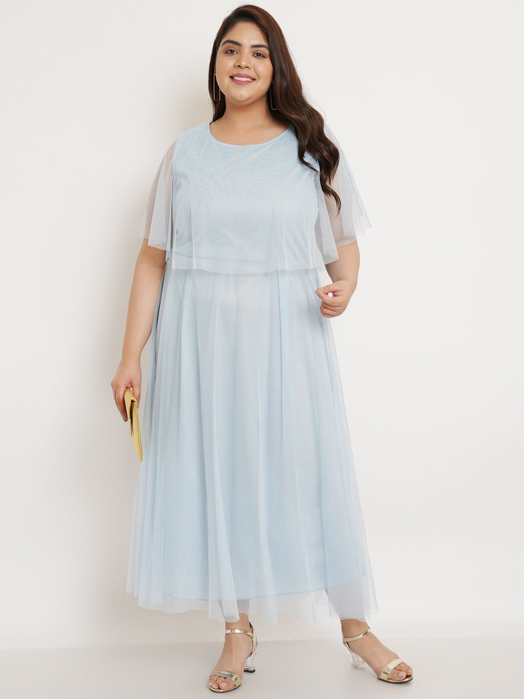 Women Plus Size Turquoise Blue Net Maxi Dress