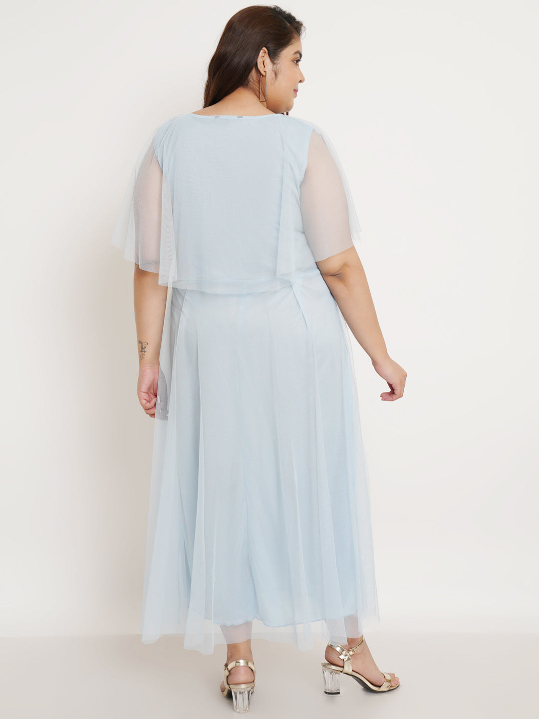 Women Plus Size Turquoise Blue Net Maxi Dress