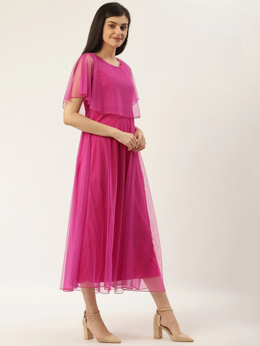 Women Magenta Solid Layered Maxi Dress