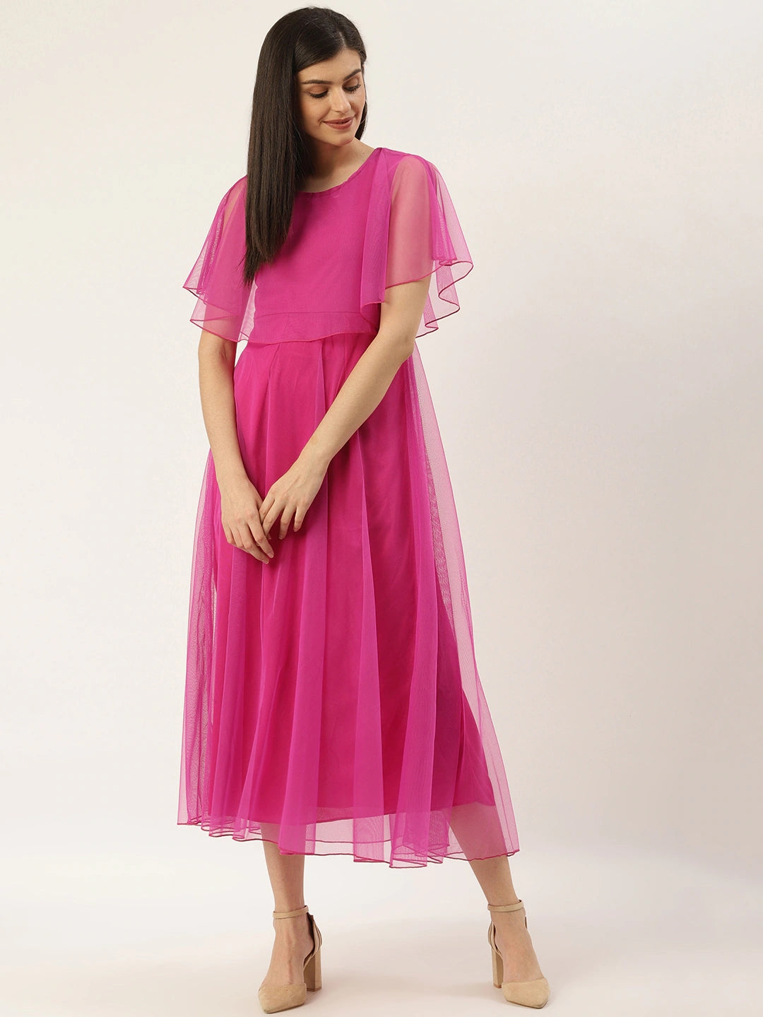 Women Magenta Solid Layered Maxi Dress