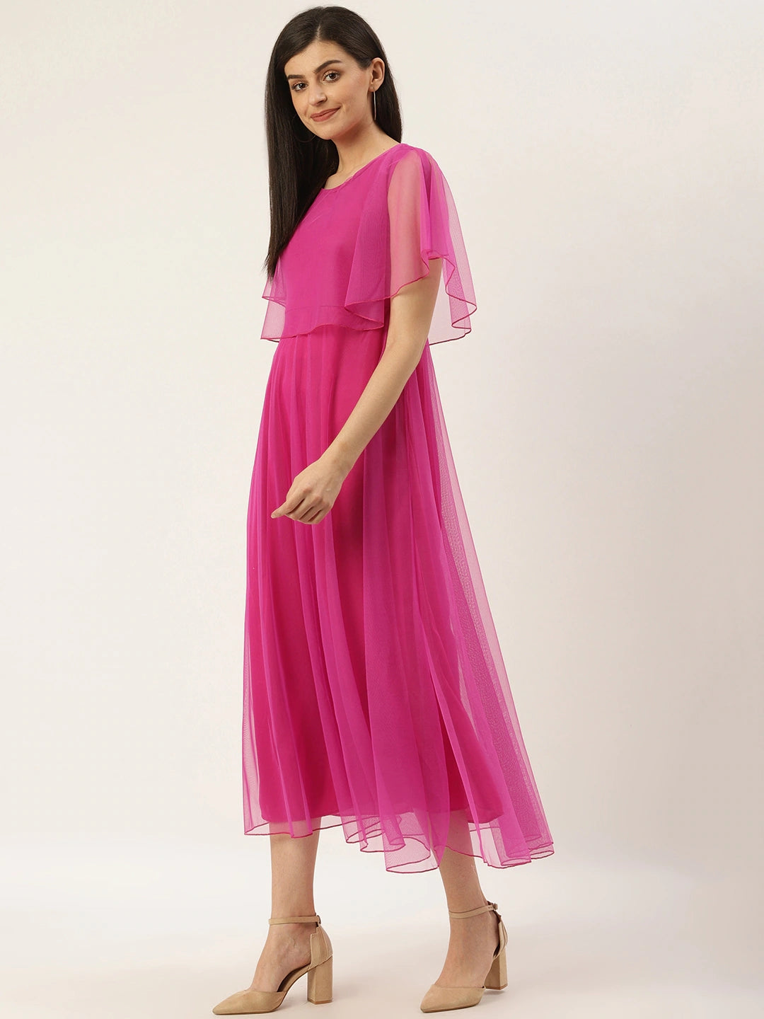 Women Magenta Solid Layered Maxi Dress