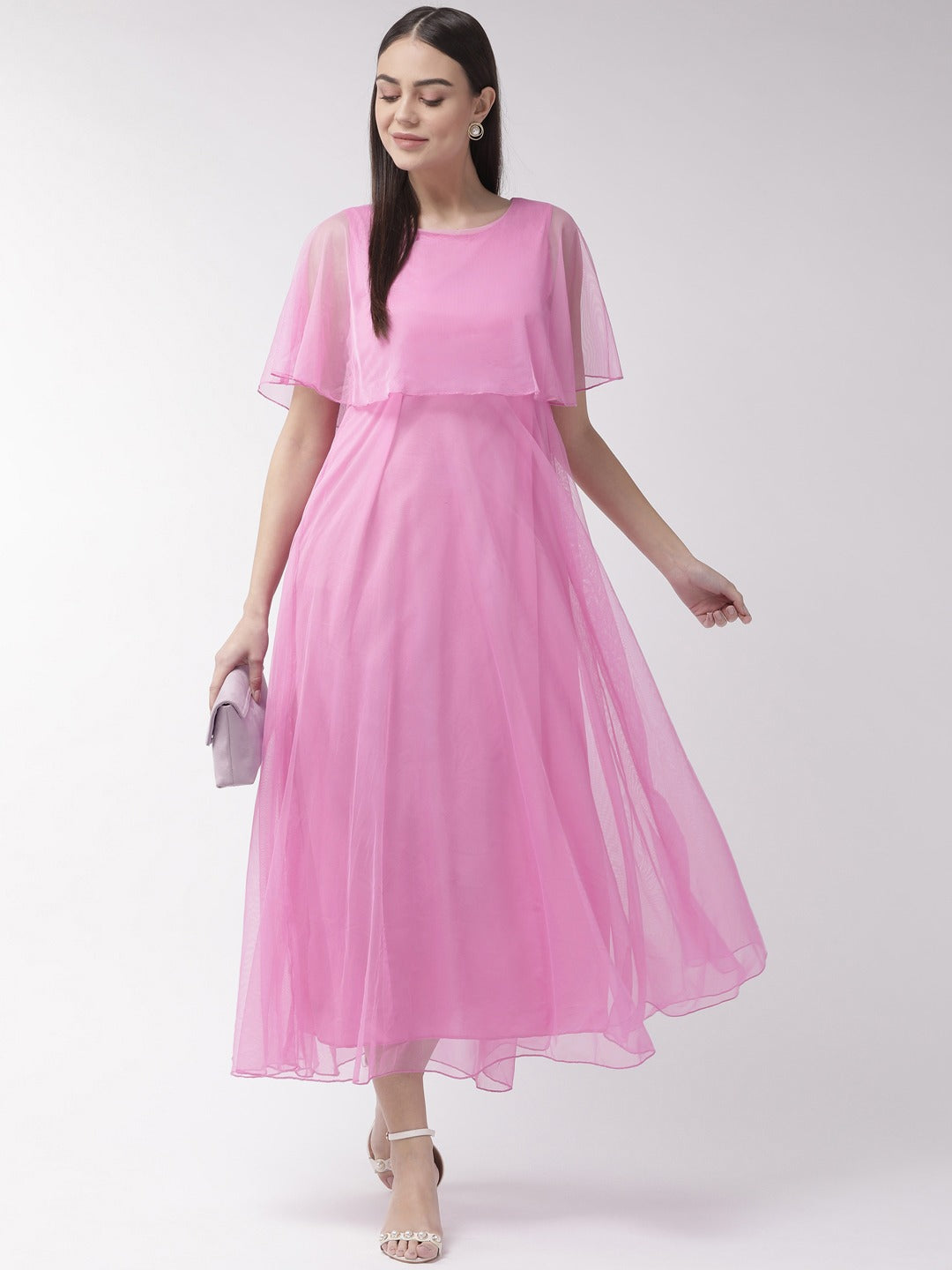 Women Lavender Net Solid Maxi Dress