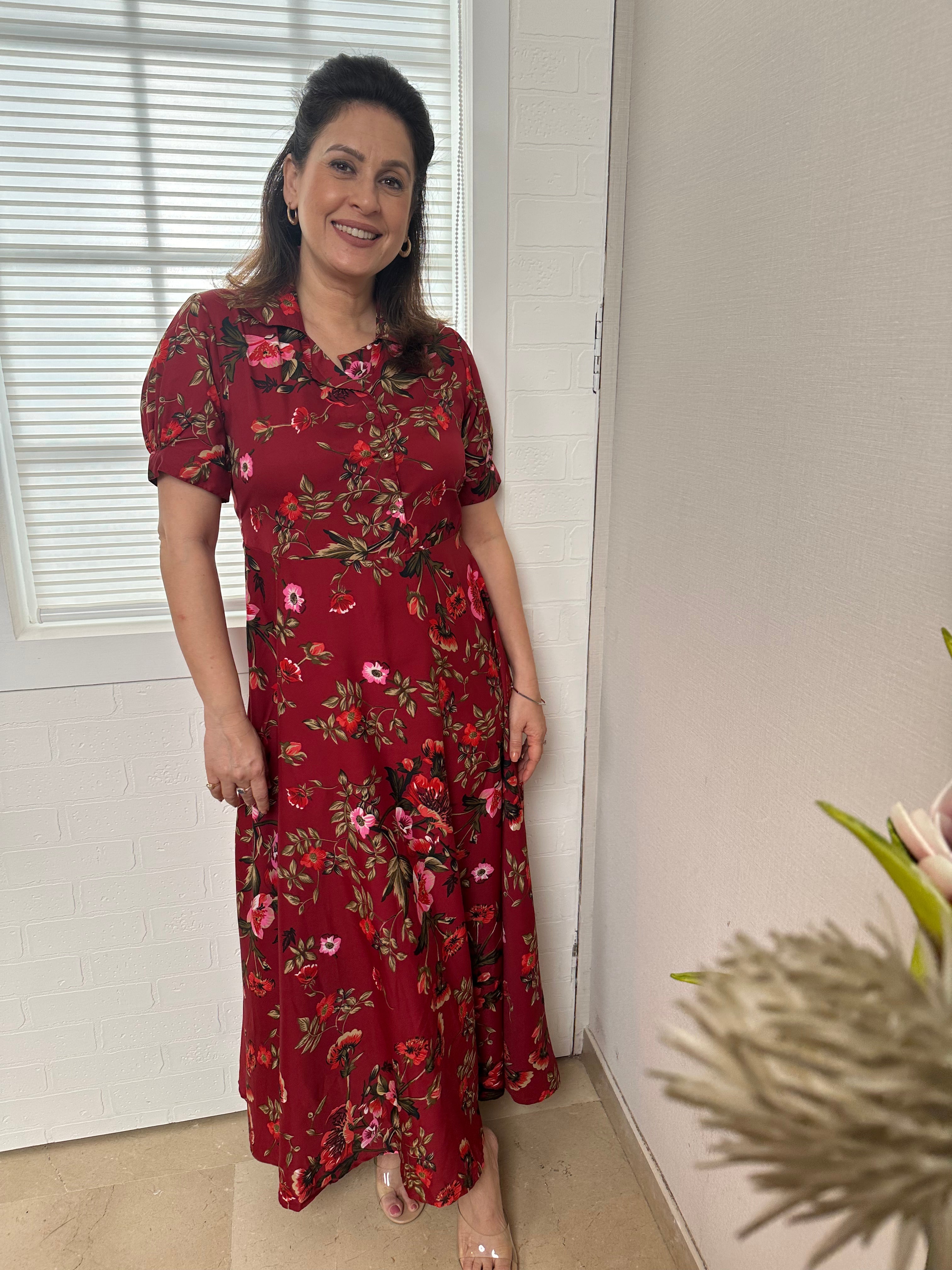 Women Maroon & Olive Green Floral Print Maxi Shirt Dress