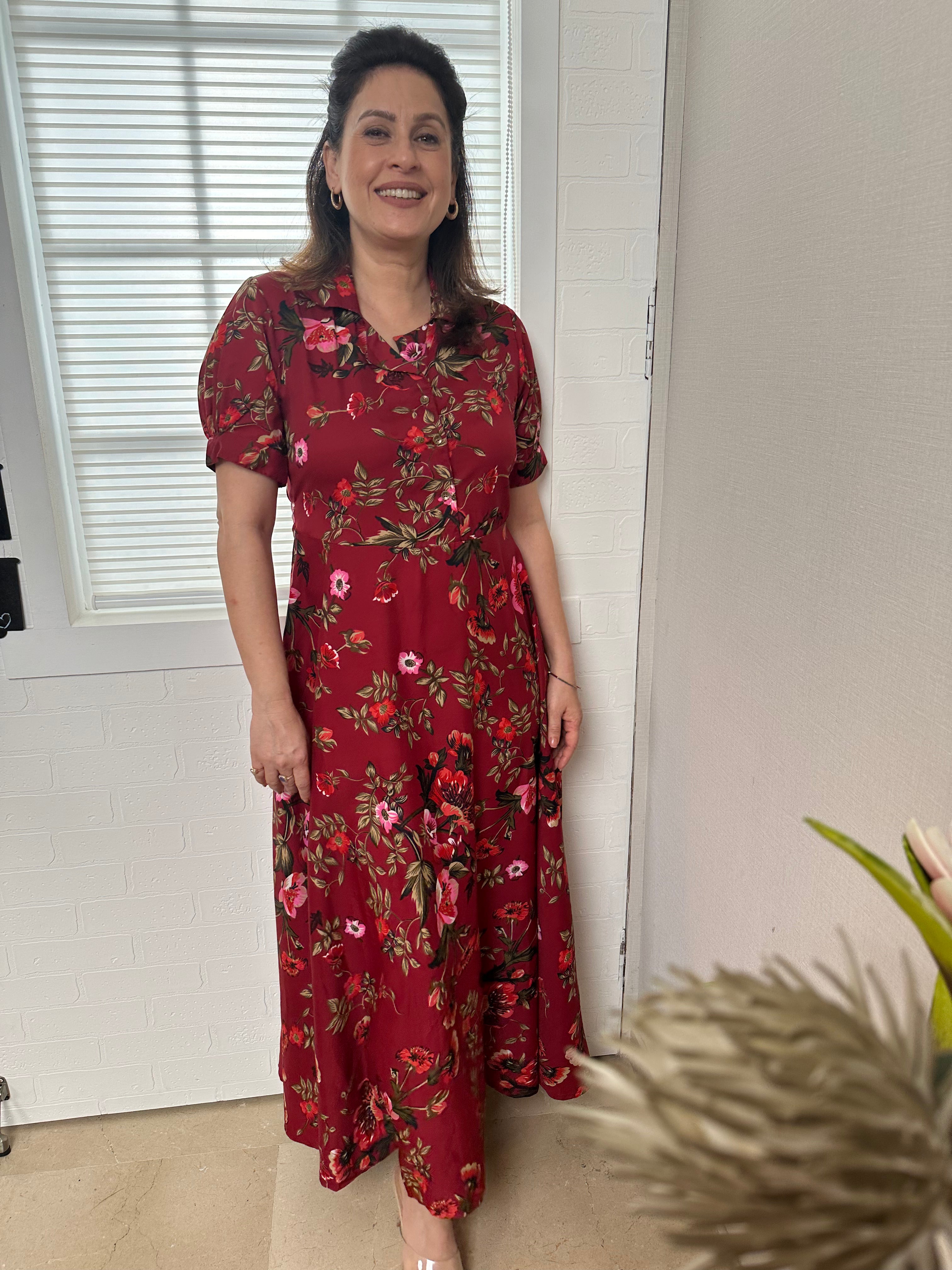 Women Maroon & Olive Green Floral Print Maxi Shirt Dress