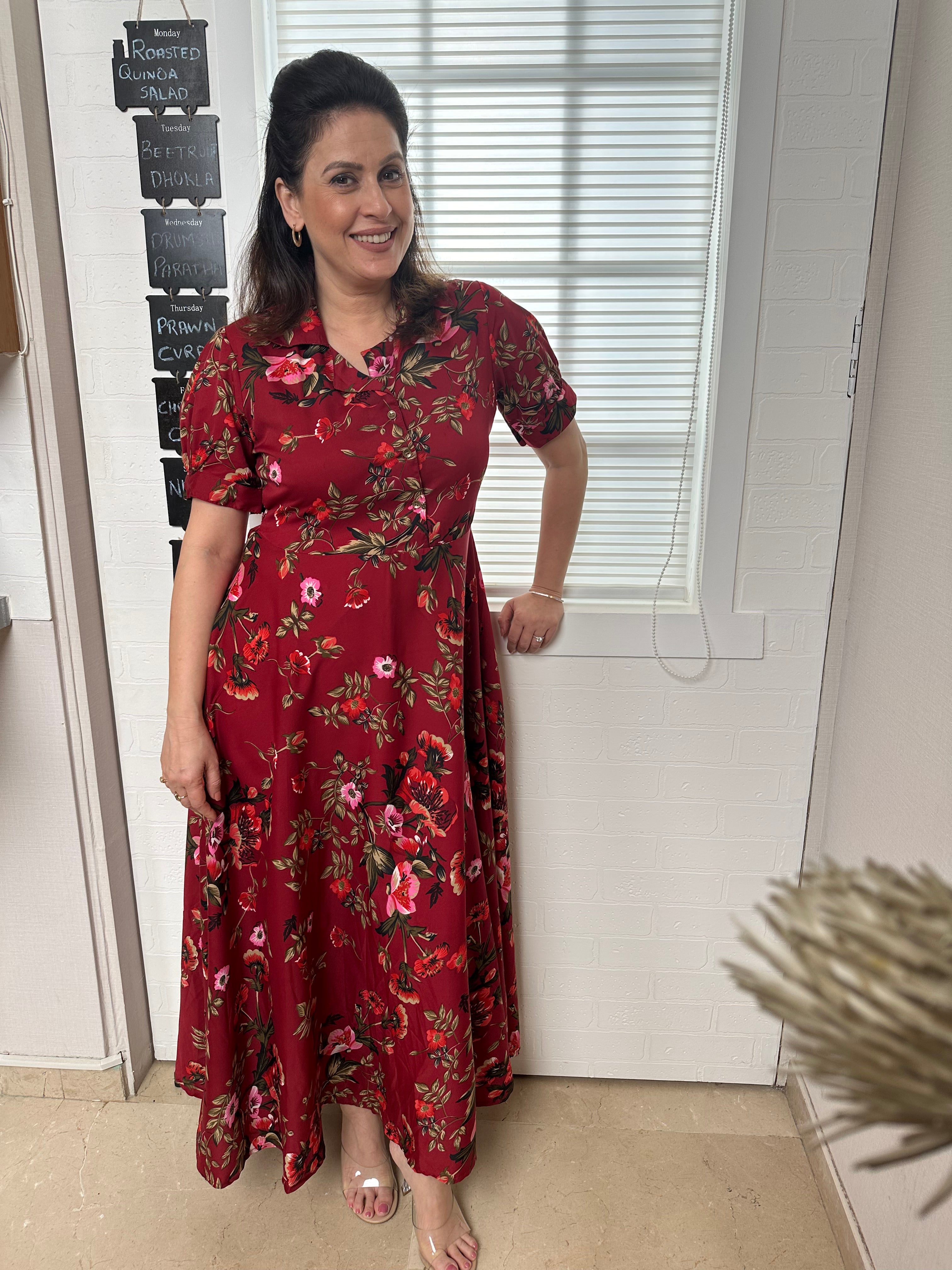 Women Maroon & Olive Green Floral Print Maxi Shirt Dress