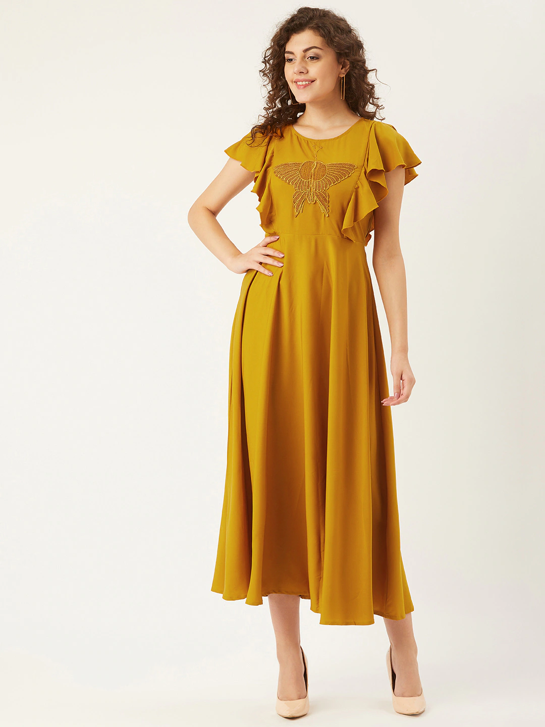 Women Mustard Yellow Solid with Butterfly Applique Detail A-Line Dress