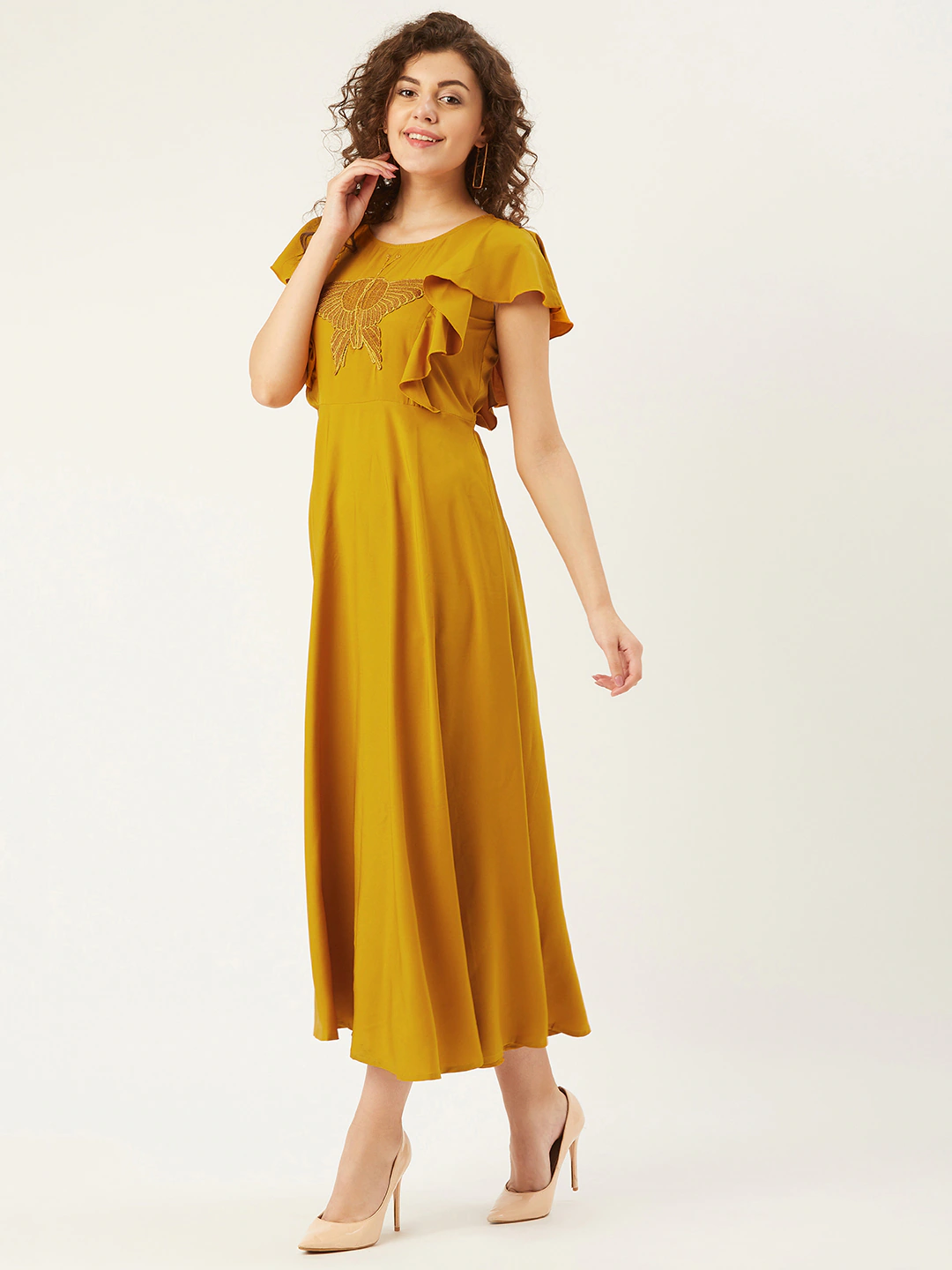 Women Mustard Yellow Solid with Butterfly Applique Detail A-Line Dress