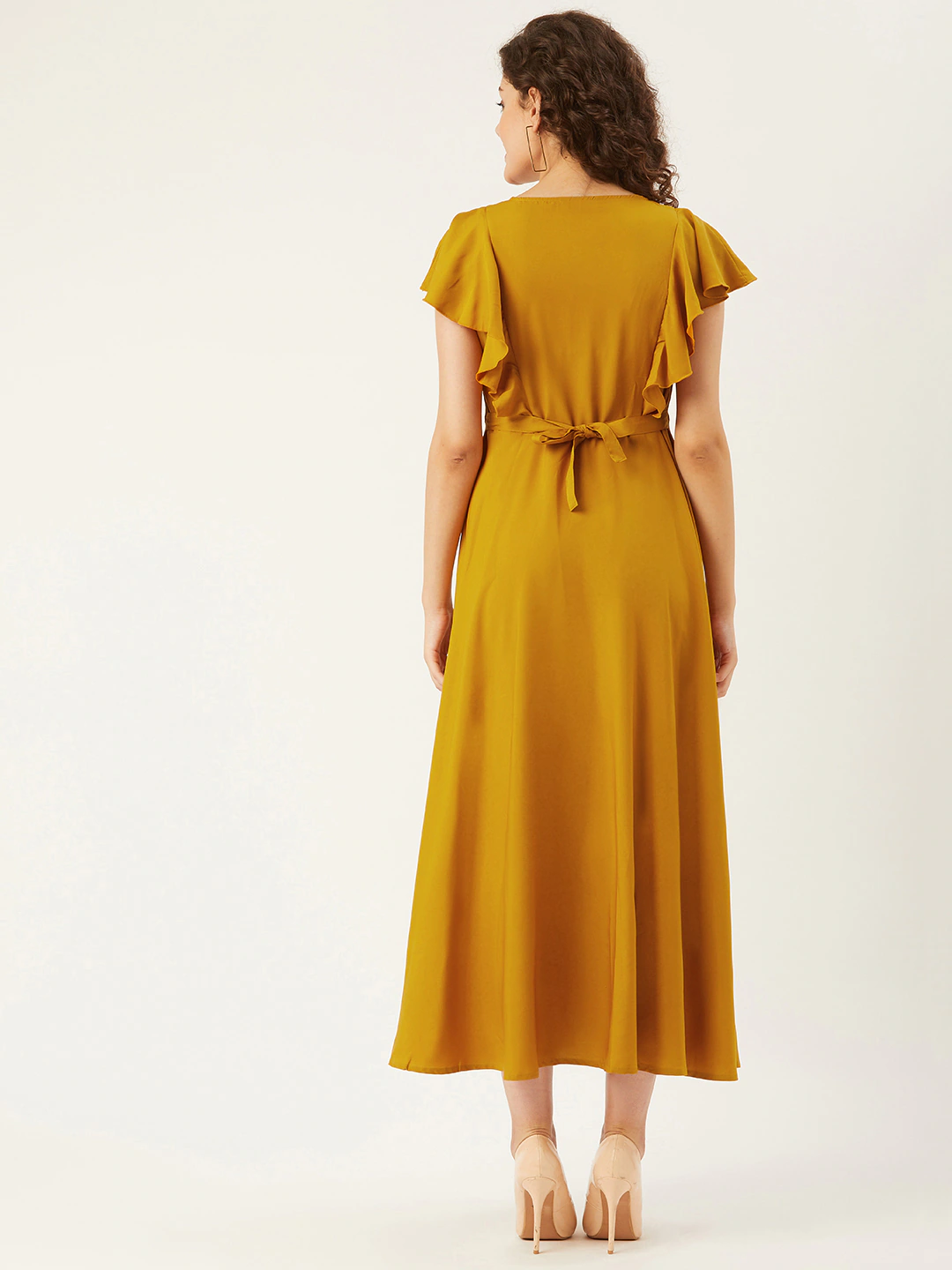 Women Mustard Yellow Solid with Butterfly Applique Detail A-Line Dress