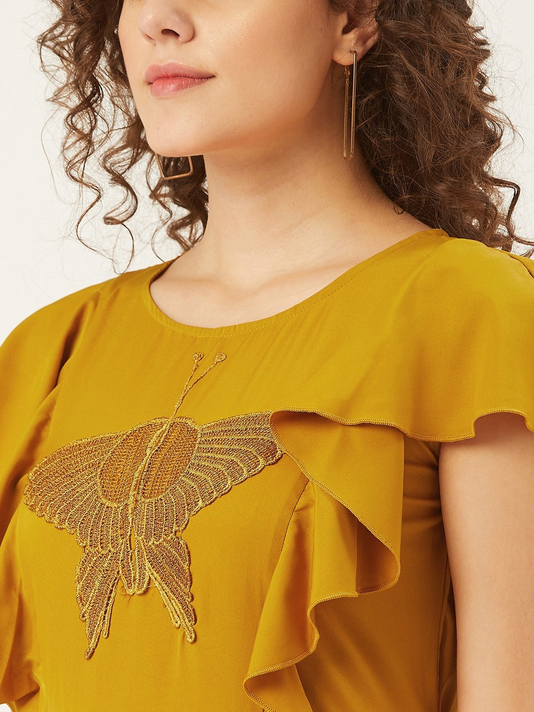 Women Mustard Yellow Solid with Butterfly Applique Detail A-Line Dress