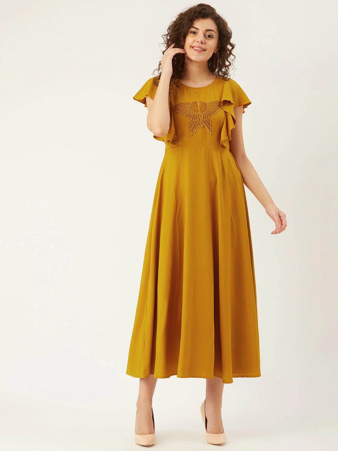 Women Mustard Yellow Solid with Butterfly Applique Detail A-Line Dress
