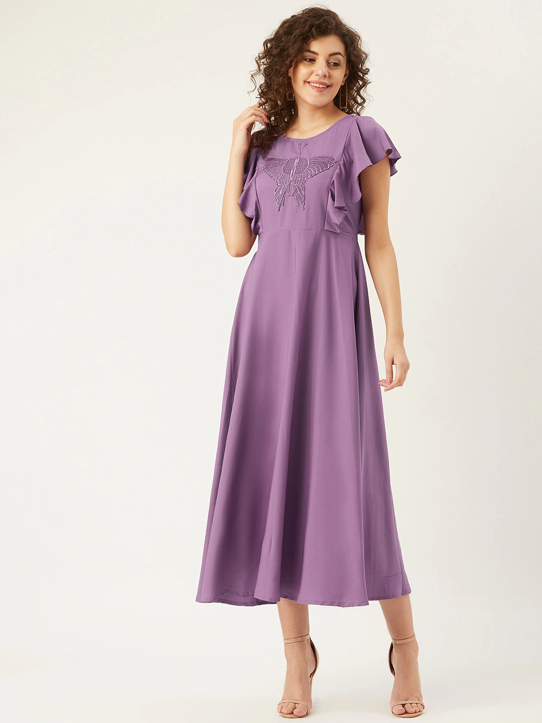Women Purple Butterfly Embroidered Yoke Design Ruffled Maxi Dress