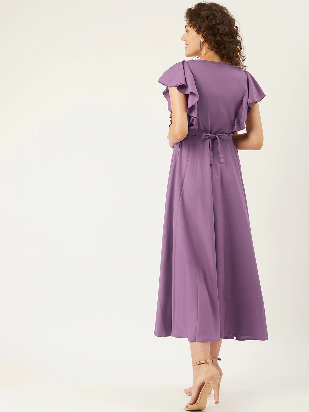 Women Purple Butterfly Embroidered Yoke Design Ruffled Maxi Dress