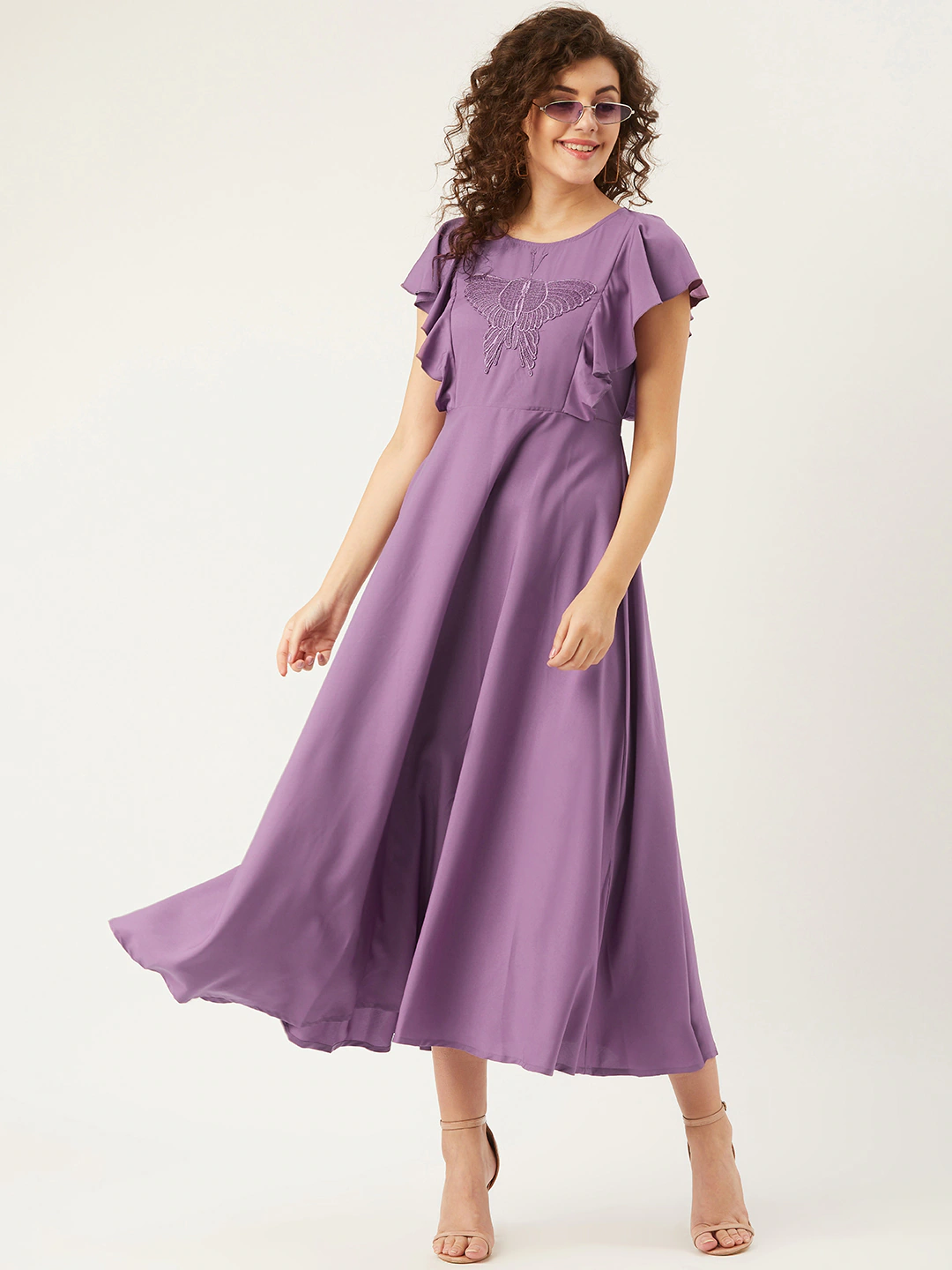 Women Purple Butterfly Embroidered Yoke Design Ruffled Maxi Dress