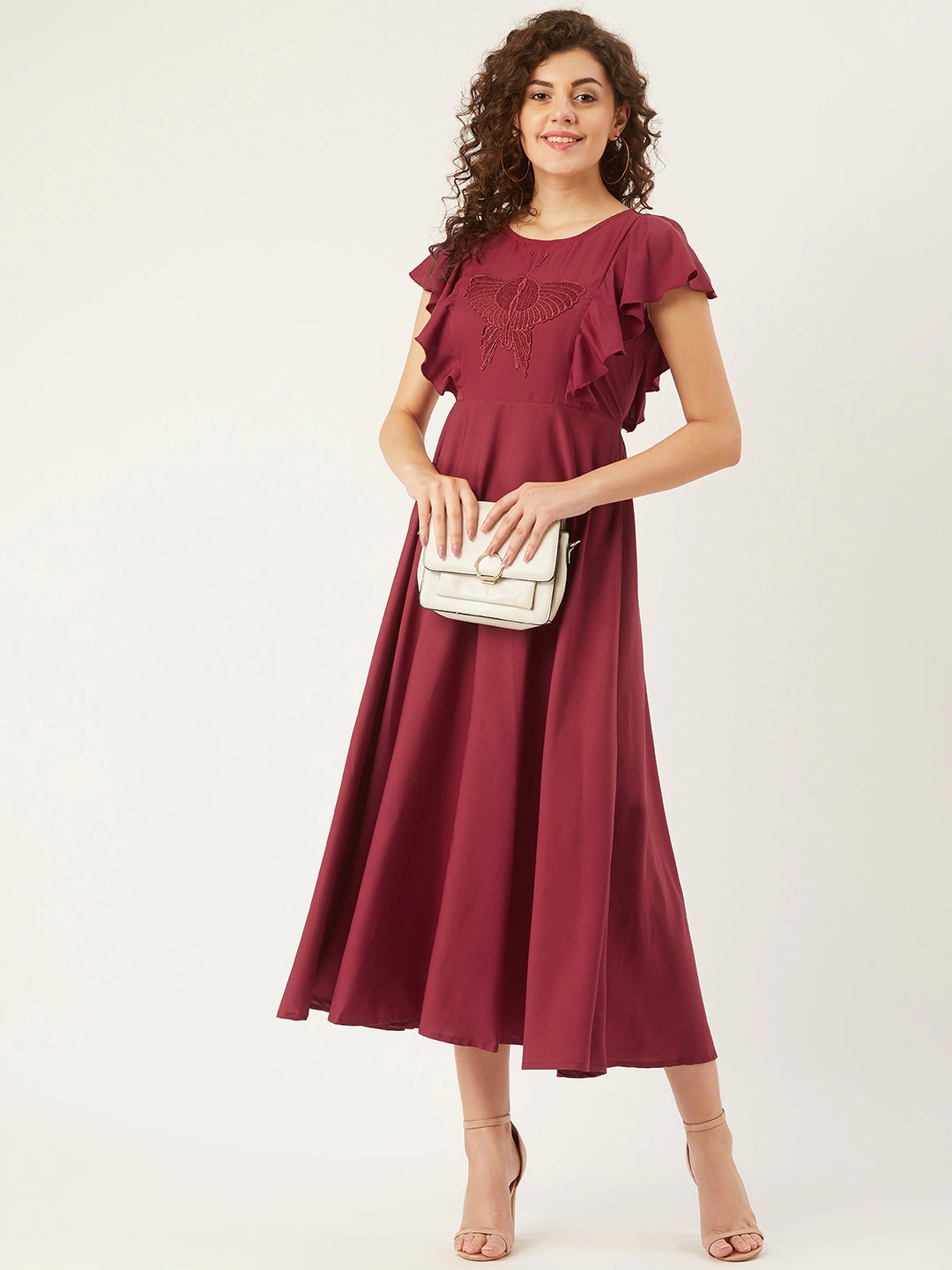 Women Maroon Butterfly Applique Detail A-Line Dress