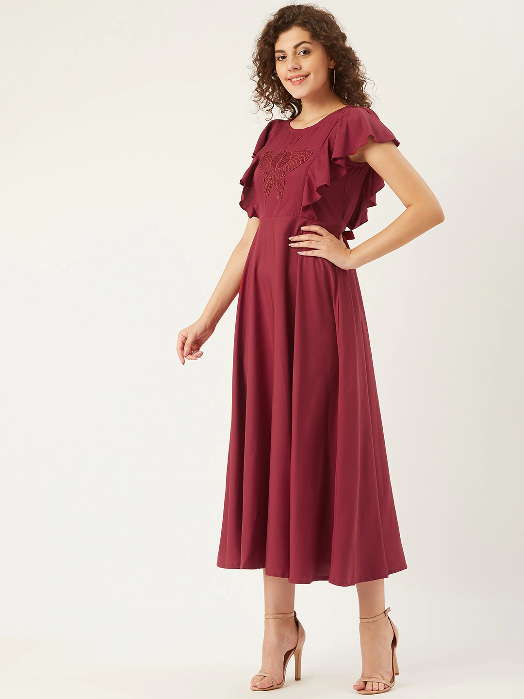 Women Maroon Butterfly Applique Detail A-Line Dress
