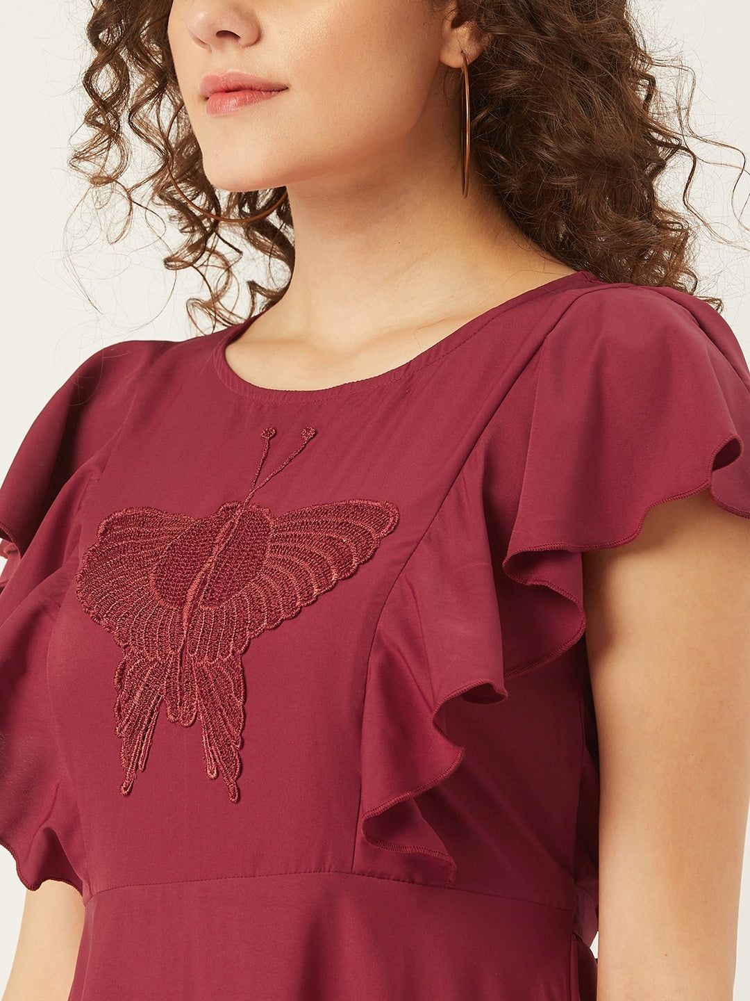 Women Maroon Butterfly Applique Detail A-Line Dress