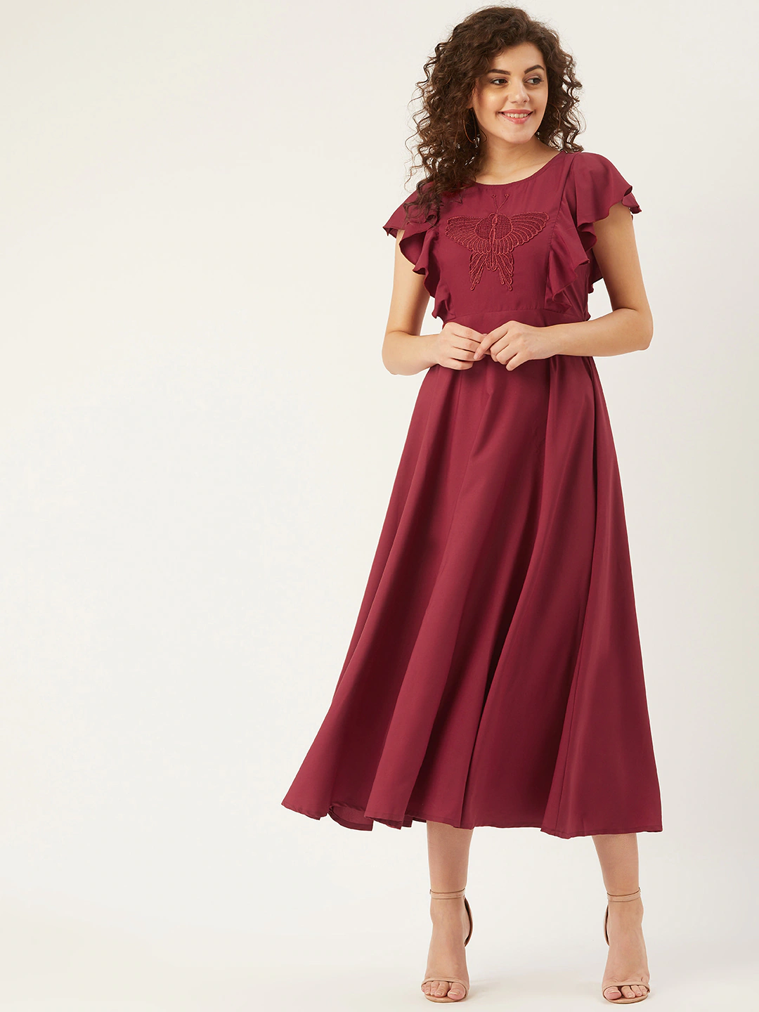 Women Maroon Butterfly Applique Detail A-Line Dress
