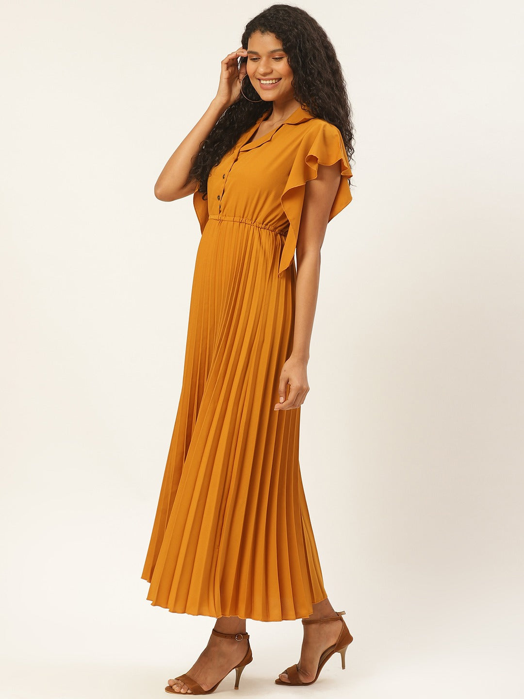 Women Mustard Yellow Solid Accordion Pleated Maxi Dress