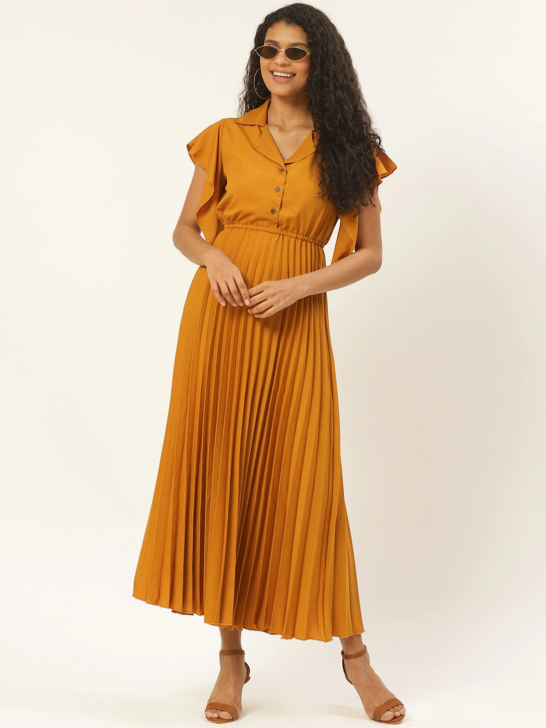 Women Mustard Yellow Solid Accordion Pleated Maxi Dress
