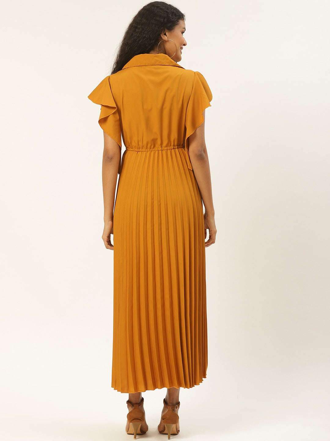 Women Mustard Yellow Solid Accordion Pleated Maxi Dress