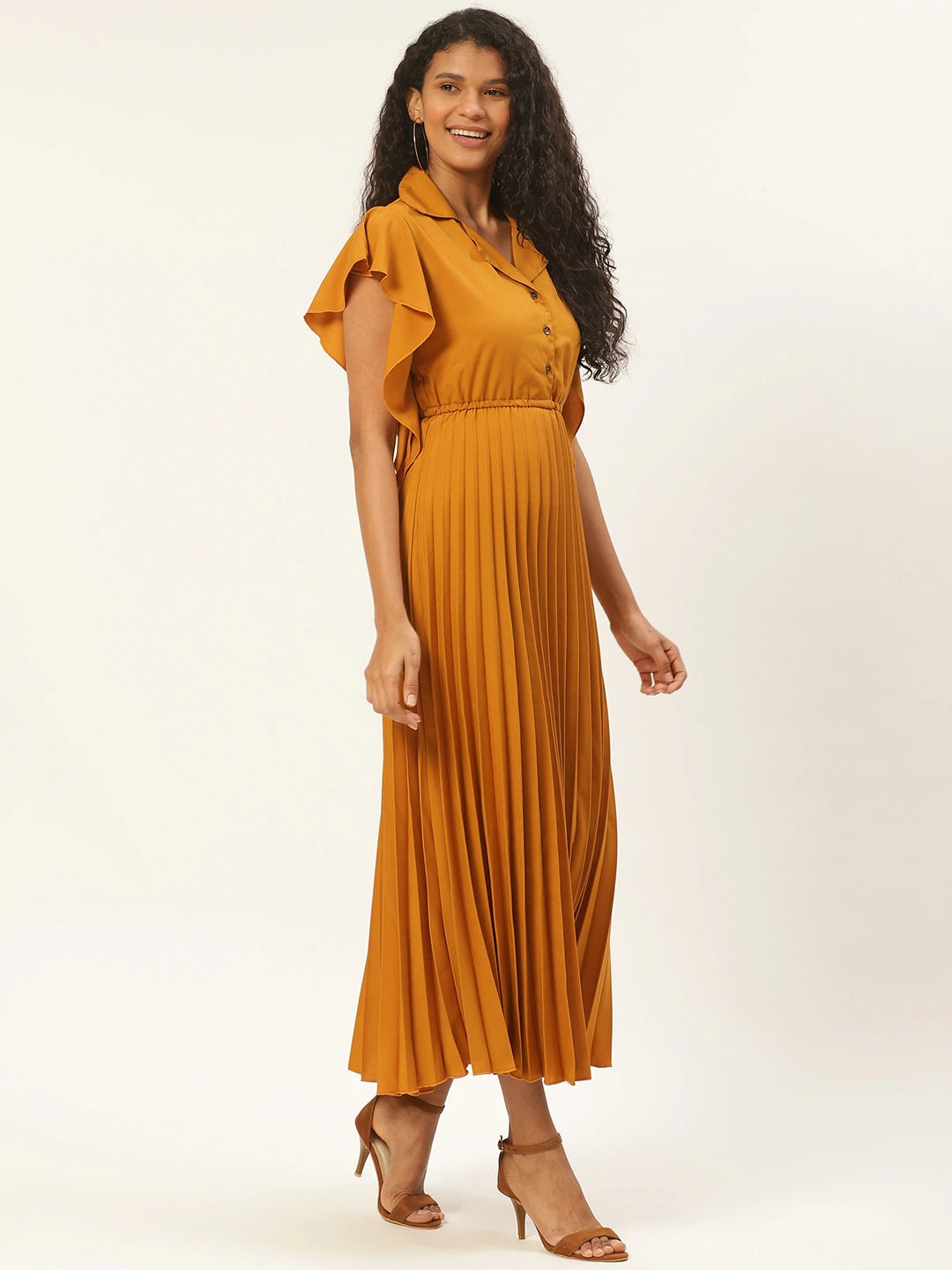 Women Mustard Yellow Solid Accordion Pleated Maxi Dress
