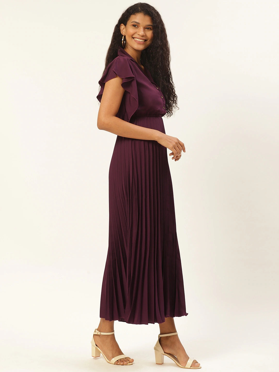 Women Wine-Coloured Accordion Pleated Maxi Dress